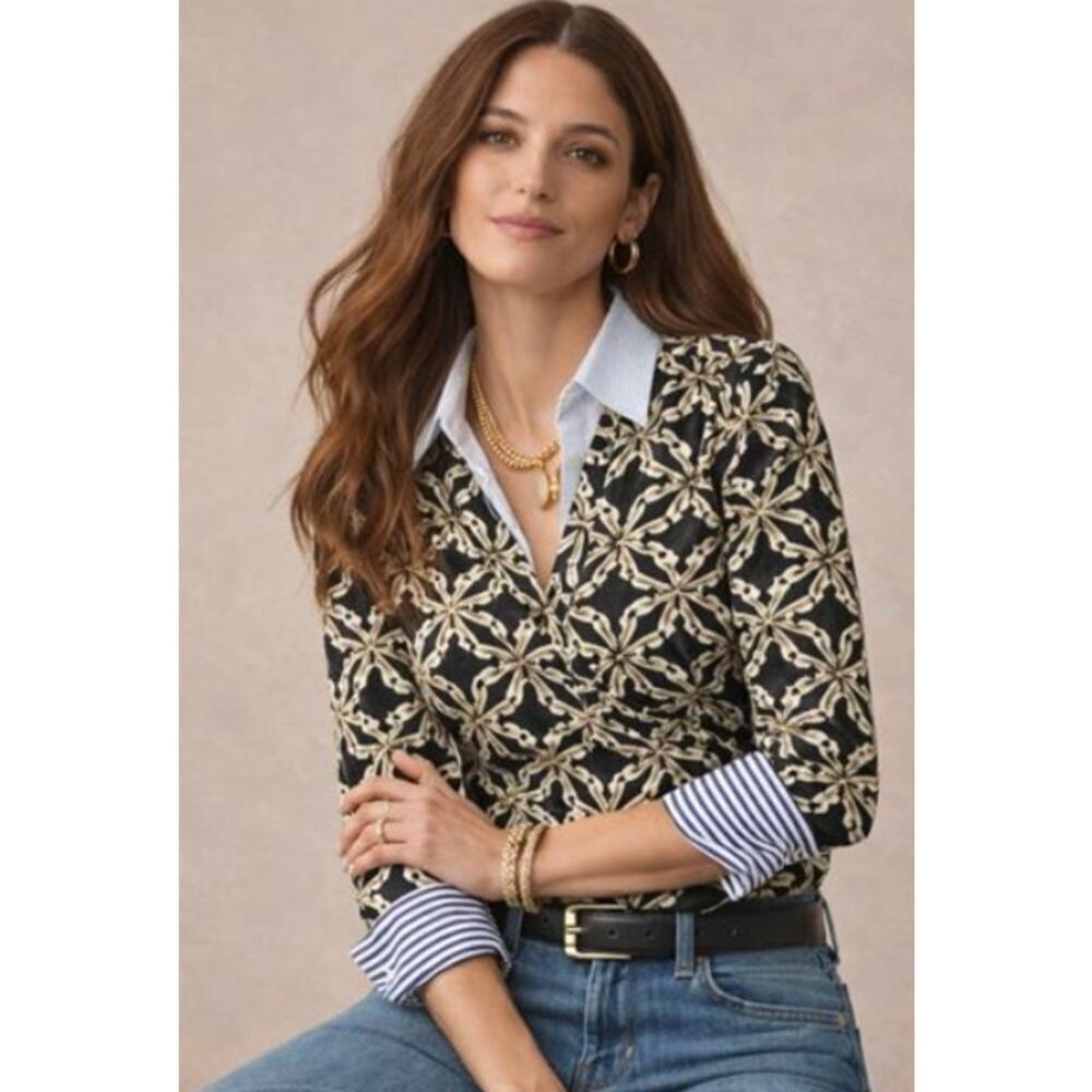 J.McLaughlin Black Cream Geometric Tee
